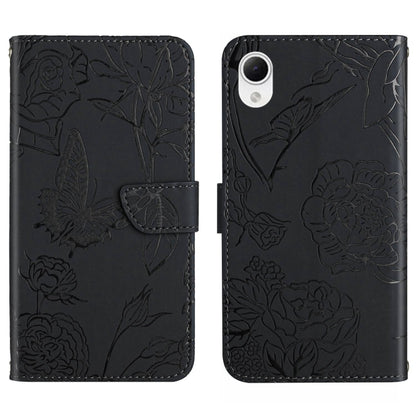 Black butterfly-embossed flip phone case with floral pattern and card slot