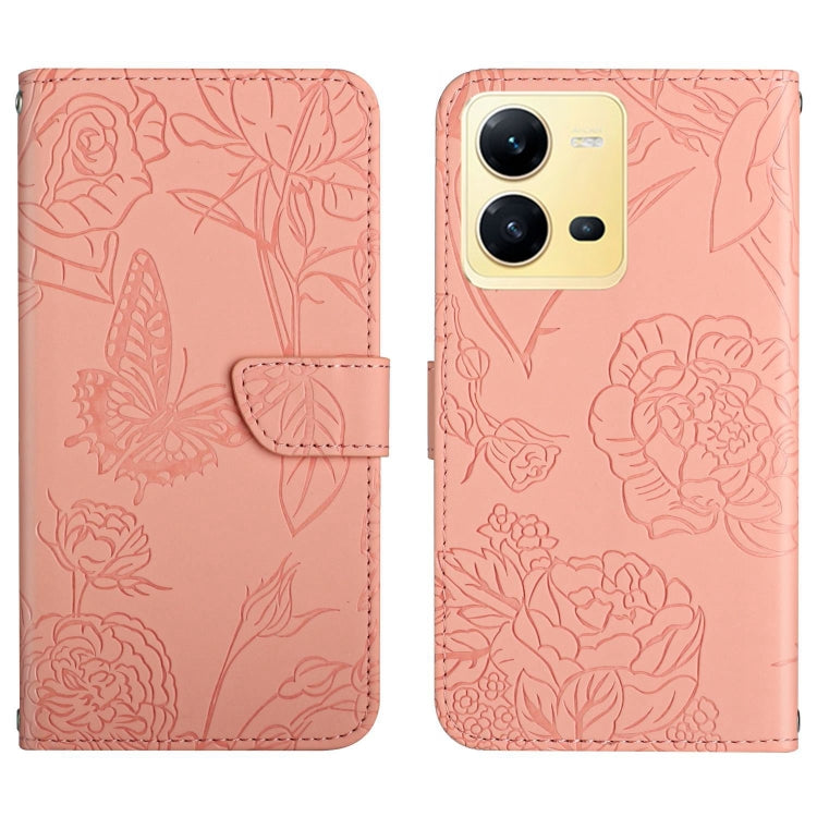 Pink butterfly embossed flip leather phone case with front flap and camera openings.