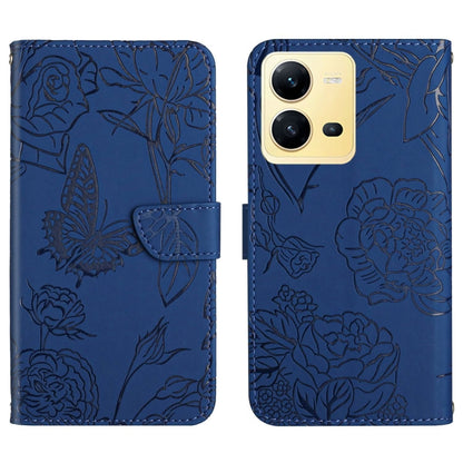 Blue butterfly embossed flip leather phone case with front flap and camera openings.