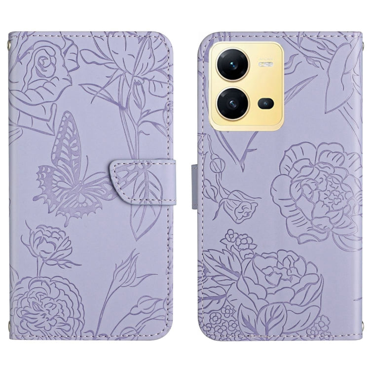 Purple butterfly embossed flip leather phone case with front flap and camera openings.