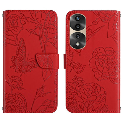 Red butterfly embossed flip leather phone case with double camera cutout and flap.