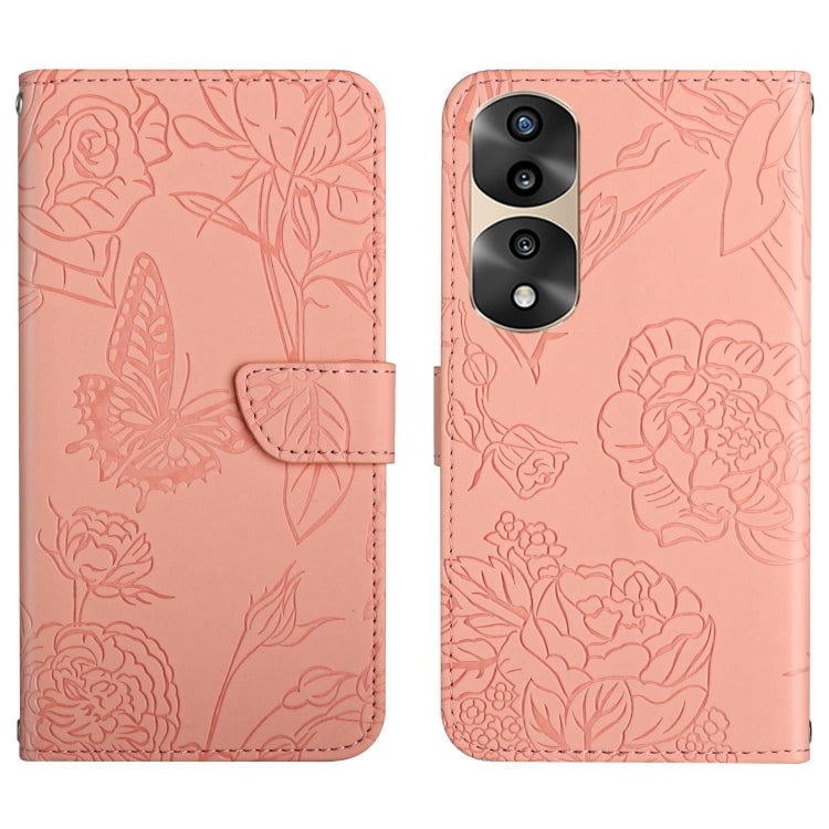 Pink butterfly embossed flip leather phone case with double camera cutout and flap.