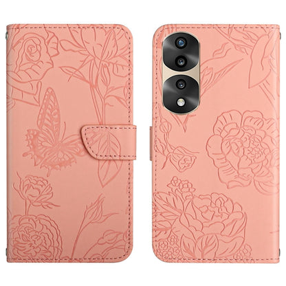 Pink butterfly embossed flip leather phone case with double camera cutout and flap.