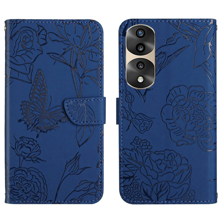 Blue butterfly embossed flip leather phone case with double camera cutout and flap.