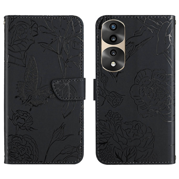 Black butterfly embossed flip leather phone case with double camera cutout and flap.