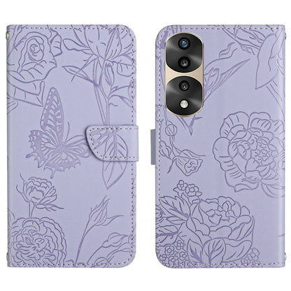Purple butterfly embossed flip leather phone case with double camera cutout and flap.