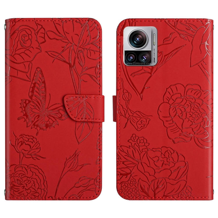 Red butterfly-embossed flip leather phone case with front flap and cutout for camera