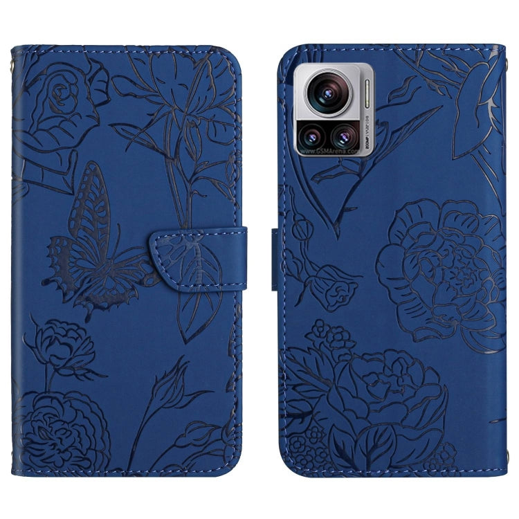 Blue butterfly-embossed flip leather phone case with front flap and camera cutout