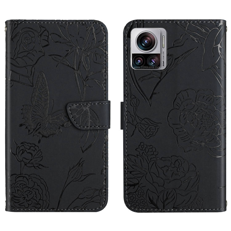 Black butterfly-embossed flip leather phone case with front flap and camera cutout