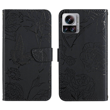 Black butterfly-embossed flip leather phone case with front flap and camera cutout