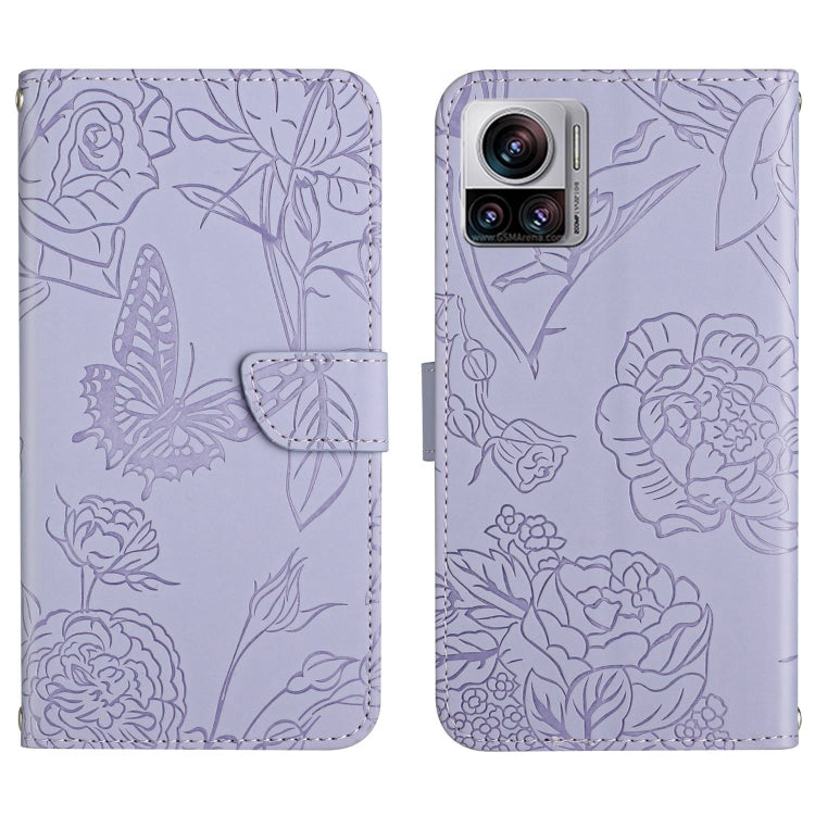Purple butterfly-embossed flip leather phone case with front flap and camera cutout