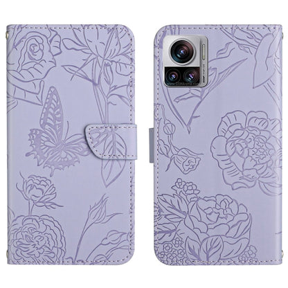Purple butterfly-embossed flip leather phone case with front flap and camera cutout