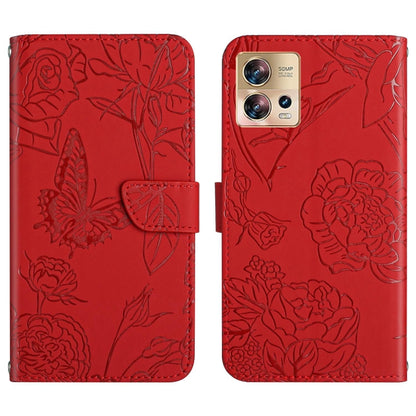 Red butterfly-embossed flip leather phone case, front flap and dual-camera cutout