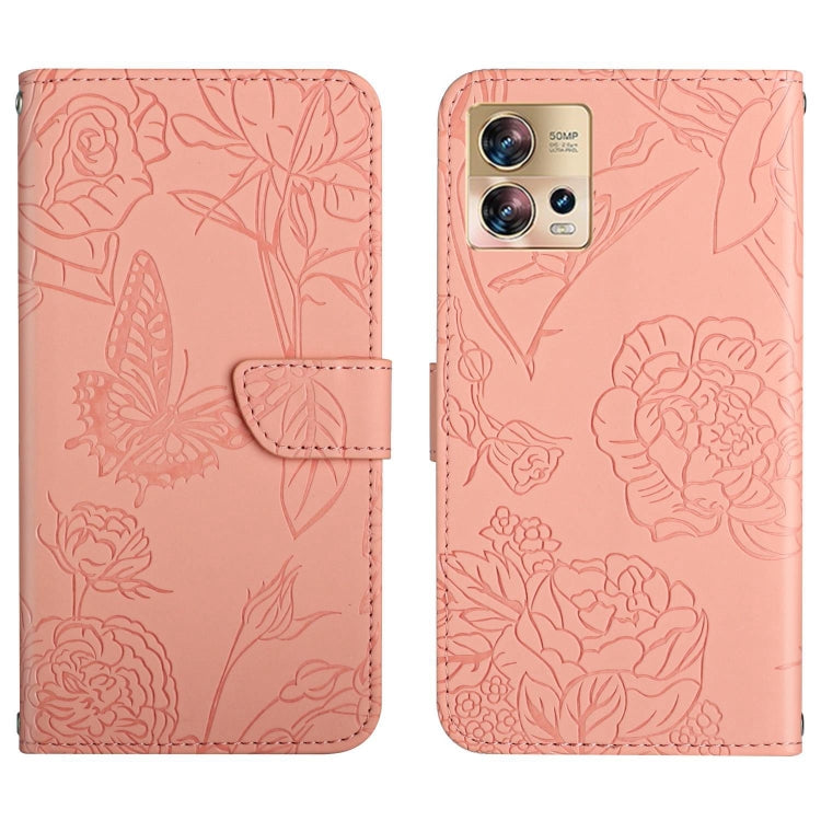 Pink butterfly-embossed flip leather phone case, front flap and camera cutout