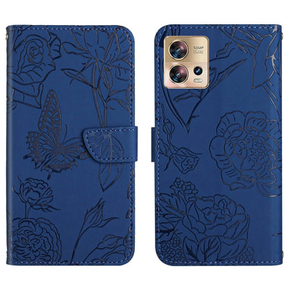 Blue butterfly-embossed flip leather phone case, front flap and camera cutout