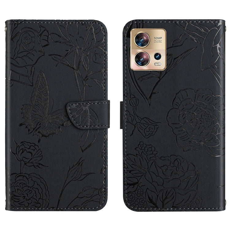 Black butterfly-embossed flip leather phone case, front flap and camera cutout