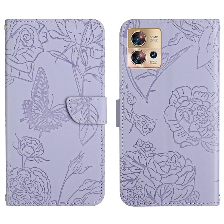 Purple butterfly-embossed flip leather phone case, front flap and camera cutout