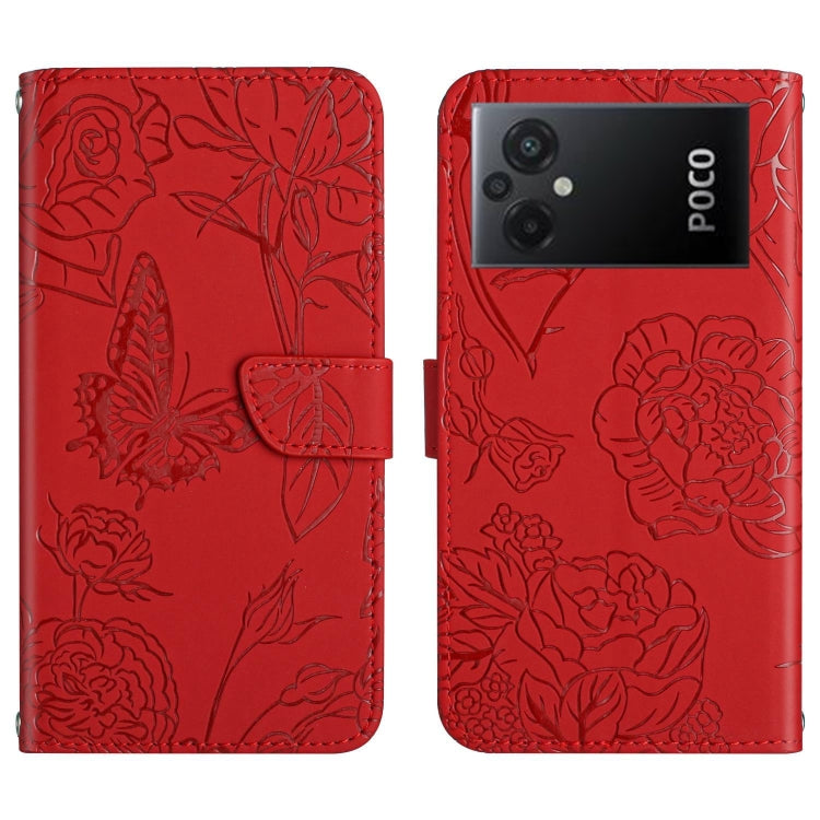 Red embossed butterfly floral flip leather phone case with magnetic strap.