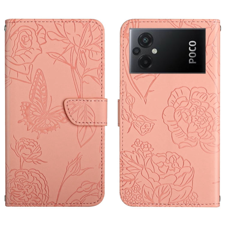 Pink embossed butterfly floral flip leather phone case with magnetic strap.