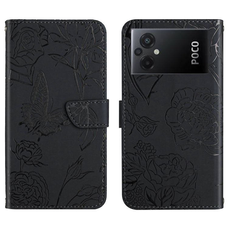Black embossed butterfly floral flip leather phone case with magnetic strap.