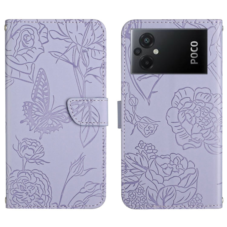 Purple embossed butterfly floral flip leather phone case with magnetic strap.
