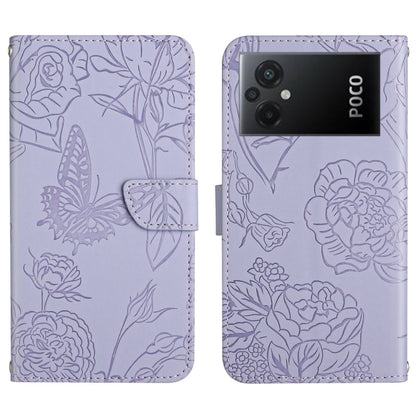 Purple embossed butterfly floral flip leather phone case with magnetic strap.