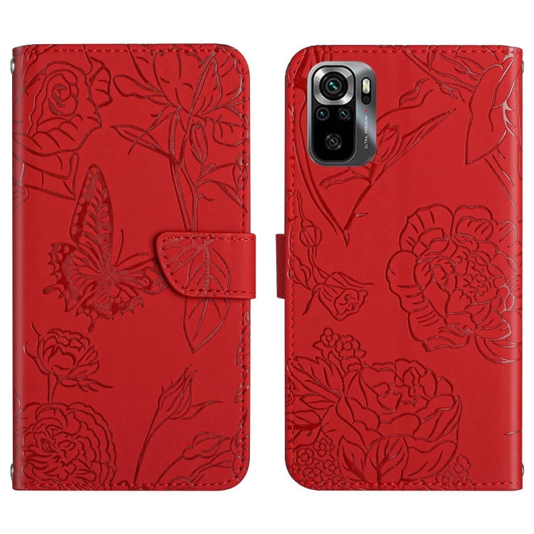 Red embossed butterfly floral flip leather phone case front and back view.