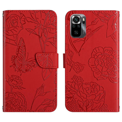 Red embossed butterfly floral flip leather phone case front and back view.