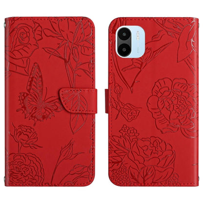 Red butterfly embossed leather flip phone case, front and back with card slot