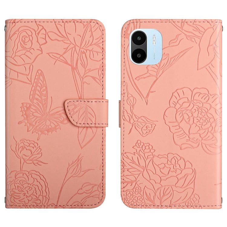 Pink butterfly embossed leather flip phone case, back side with camera cutout