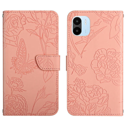Pink butterfly embossed leather flip phone case, back side with camera cutout