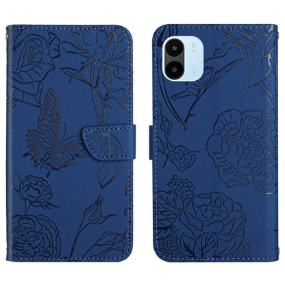 Blue butterfly embossed leather flip phone case, back side with camera cutout