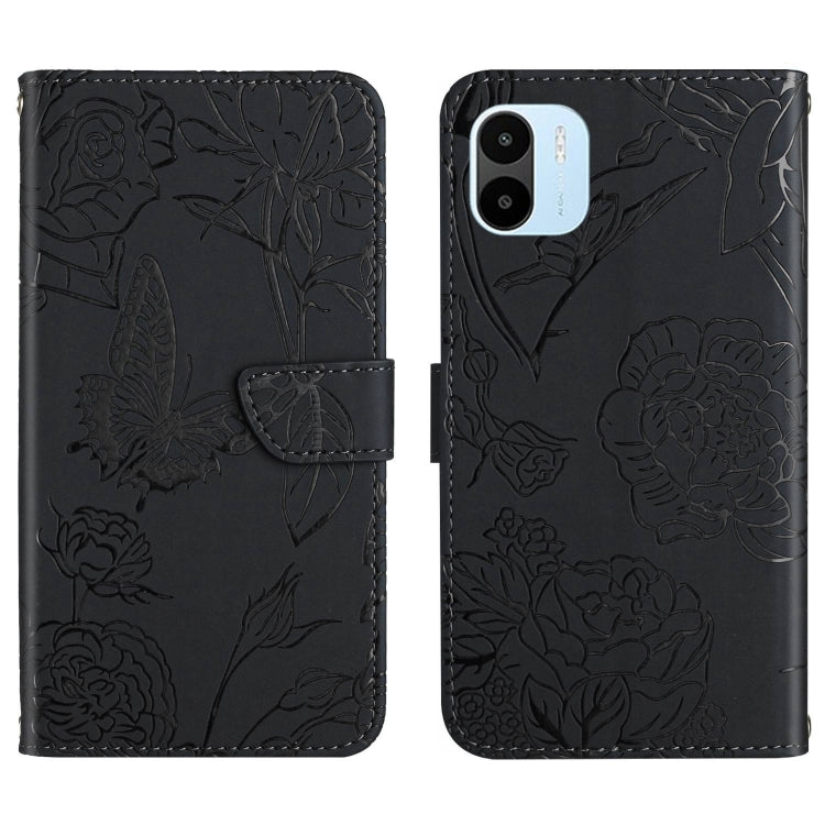 Black butterfly embossed leather flip phone case, back side with camera cutout