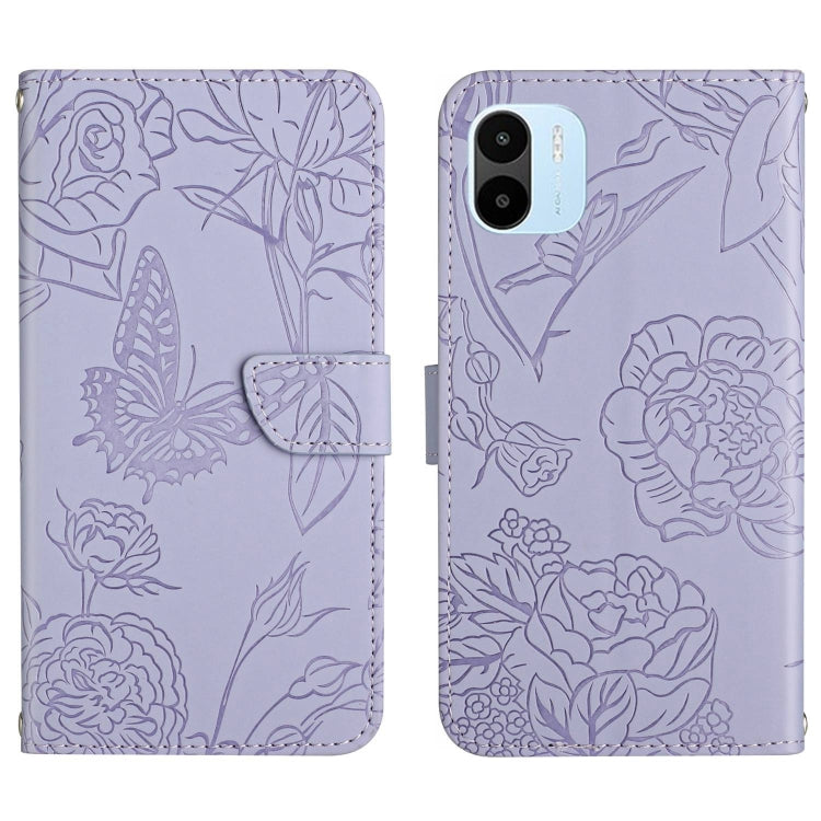 Lilac butterfly embossed leather flip phone case, front side with magnetic flap