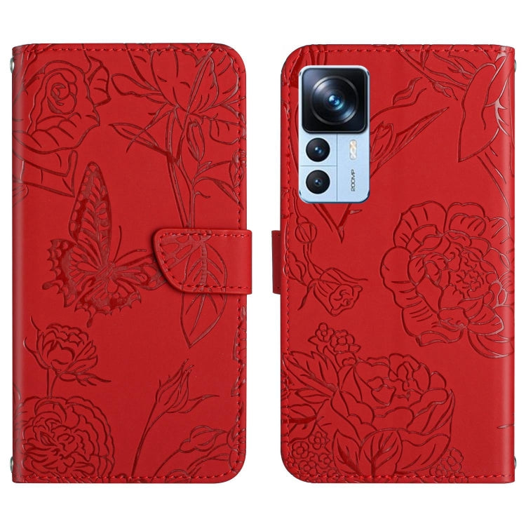Red butterfly embossed leather flip phone case, back side with triple camera cutout