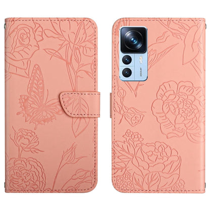 Butterfly embossed flip leather phone case, pink with magnetic clasp and side buttons