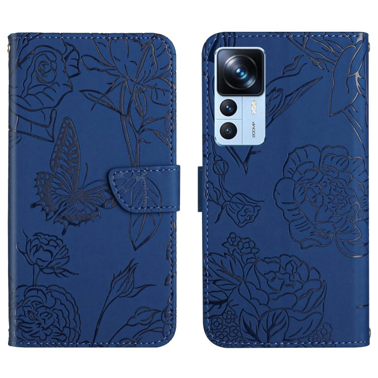 Butterfly embossed flip leather phone case, blue with magnetic clasp and camera cutout