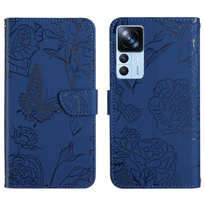 Butterfly embossed flip leather phone case, blue with magnetic clasp and camera cutout