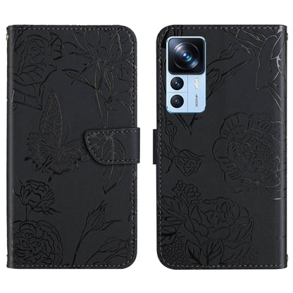 Butterfly embossed flip leather phone case, black with magnetic clasp and camera cutout