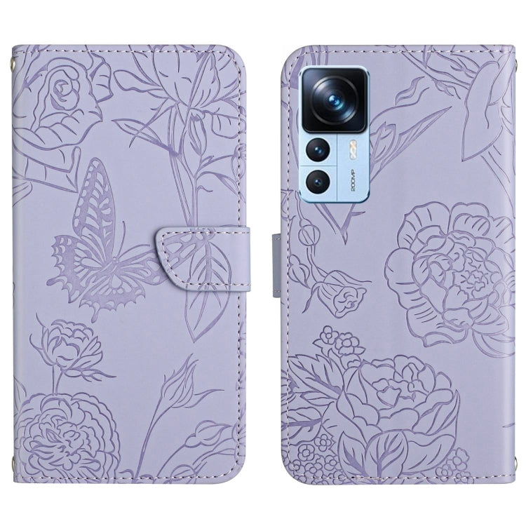 Butterfly embossed flip leather phone case, lilac with magnetic clasp and camera cutout