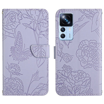 Butterfly embossed flip leather phone case, lilac with magnetic clasp and camera cutout