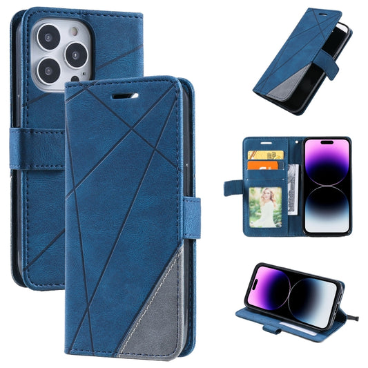 Blue leather-style phone case with folio flap, card pocket, and stitched geometric design