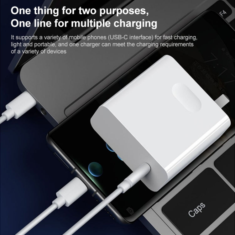 Dual USB-C fast charging cable showing two Type-C plugs connected to phone and laptop