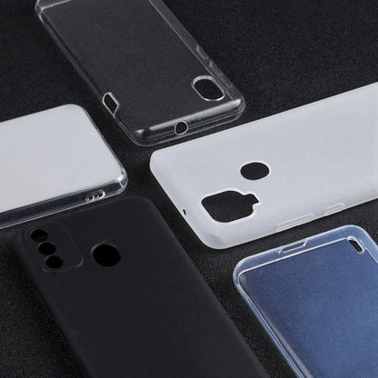 Assorted TPU phone cases: clear, white, black, and blue-toned models with cutouts