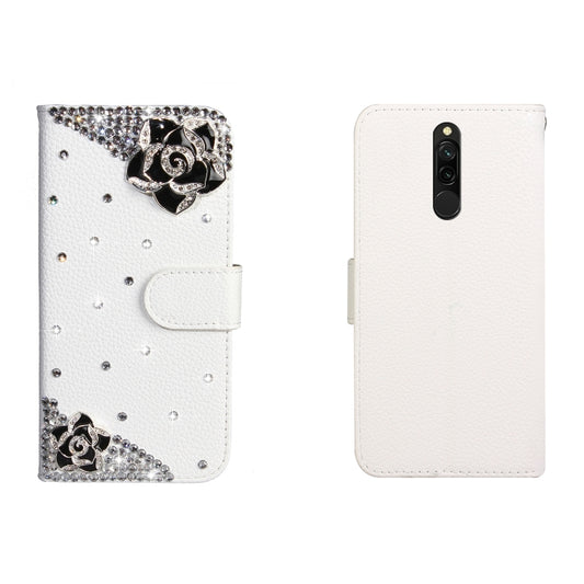 White leather phone case with rhinestone rose design and flip cover, card holder