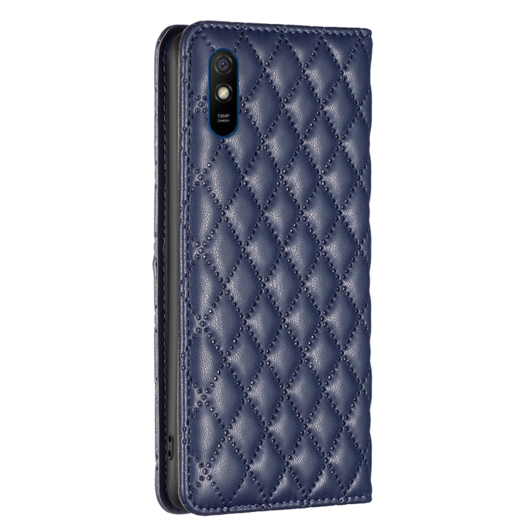 Blue diamond lattice leather flip phone case, back view with camera cutout