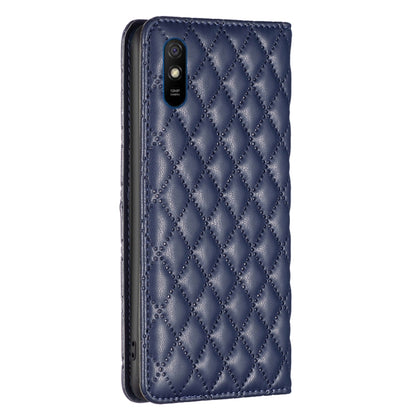 Blue diamond lattice leather flip phone case, back view with camera cutout