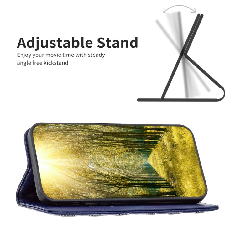 Blue diamond lattice leather flip phone case with kickstand for hands-free viewing