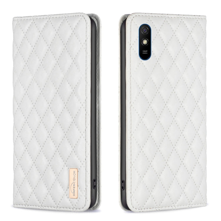 White diamond lattice magnetic leather flip phone case with fold-over cover