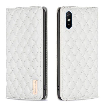 White diamond lattice magnetic leather flip phone case with fold-over cover